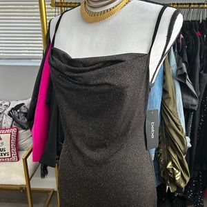 Brand New Bebe Black and Gold Sparkle Cowl Neck Maxi Dress